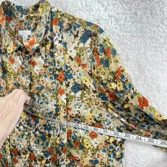 J Jill Women M Wheat Button Down Floral Blouse Fabric Buttons Bell Sleeve Career - Picture 8 of 16